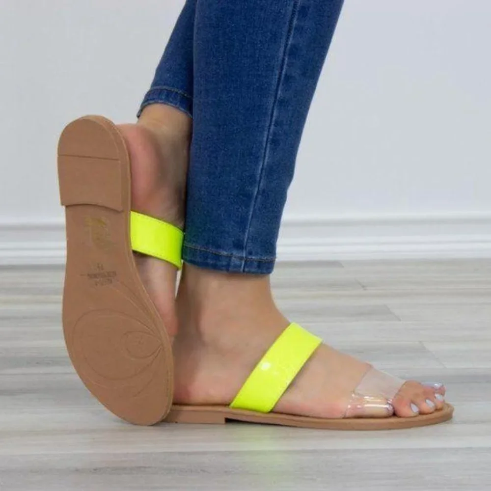 Neon Yellow Clear Transpare Strap Flat Sandals_2